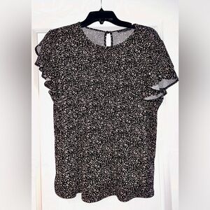 Adrianna Papell Black and Cream Leopard Ruffle Sleeve Blouse